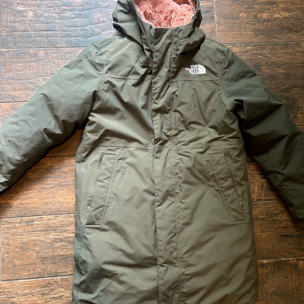 The North Face Kids Parka Jacket - Forest Green with Fleece Pink Lining